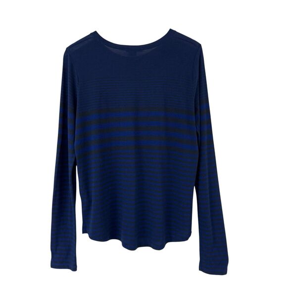 Vince Variegated Striped Long Sleeve Shirt Blue Black Pima Modal Semi Sheer Lrg - Picture 2 of 10